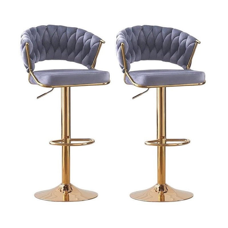 2x Height Grey Velvet Padded Golden Round Base Barstools Chairs