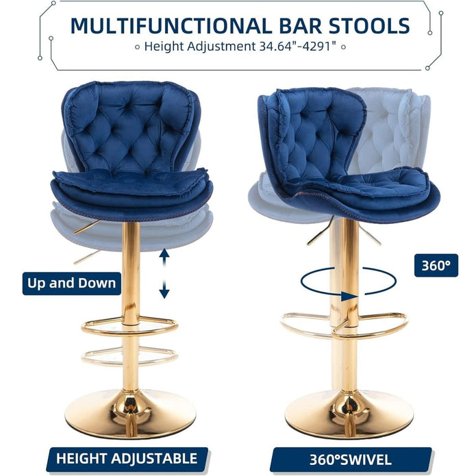 SERENITà Swivel Bar Stools Set of 2 Counter Height Barstools with Back Velvet Upholstered Adjustable Stool Chair Mid Century Modern Bar Stool for Kitchen Island (Navy Blue)