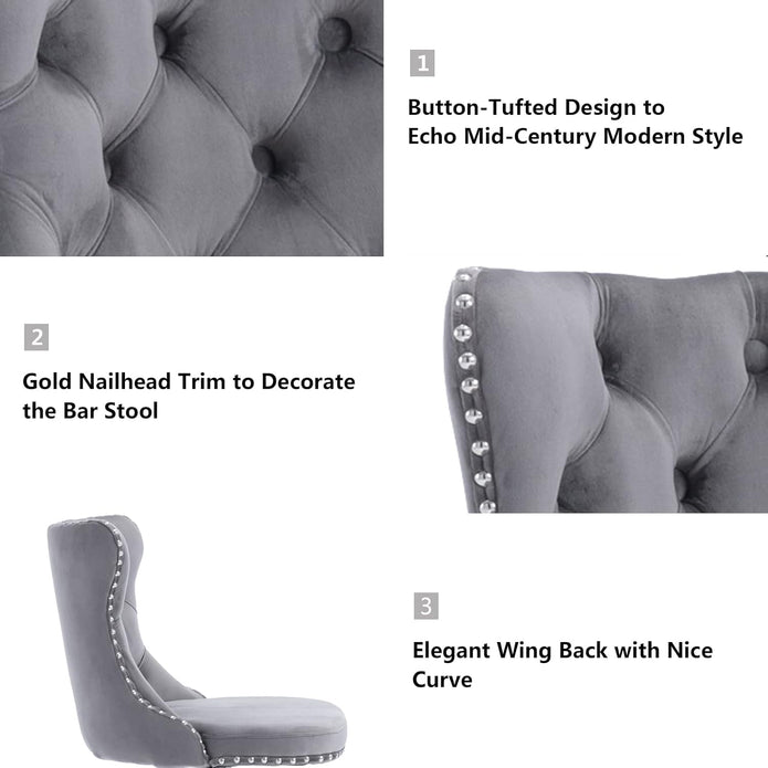 SERENITà Gray Velvet Bar Stools Adjustable Swivel Counter Height Chairs with Tufted Back and Nailhead Trim for Kitchen Island Pub Restaurant (2Pcs, Chrome Metal, Grey)