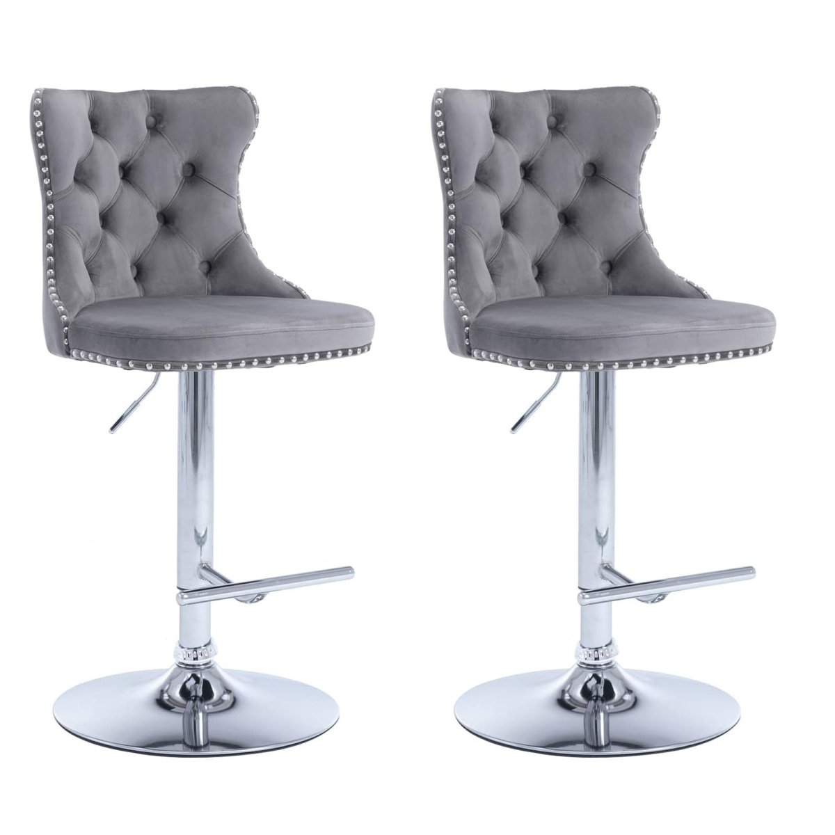 SERENITà Gray Velvet Bar Stools Adjustable Swivel Counter Height Chairs with Tufted Back and Nailhead Trim for Kitchen Island Pub Restaurant (2Pcs, Chrome Metal, Grey)