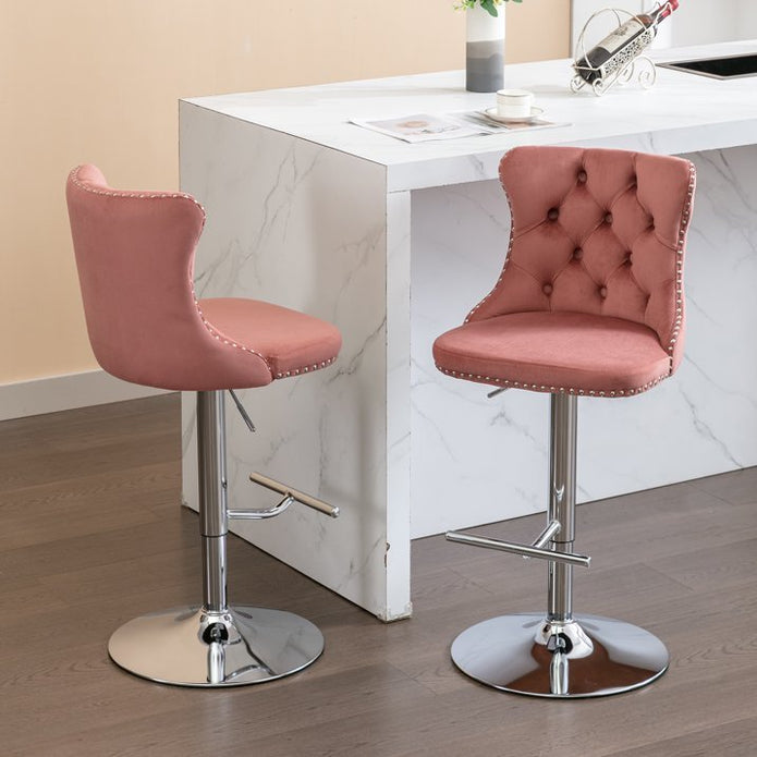 SERENITà Pink Velvet Bar Stools Adjustable Swivel Counter Height Chairs with Tufted Back and Nailhead Trim for Kitchen Island Pub Restaurant (2Pcs, Chrome Metal)