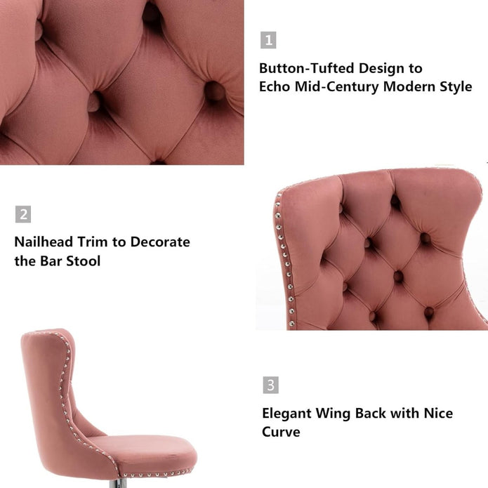 SERENITà Pink Velvet Bar Stools Adjustable Swivel Counter Height Chairs with Tufted Back and Nailhead Trim for Kitchen Island Pub Restaurant (2Pcs, Chrome Metal)
