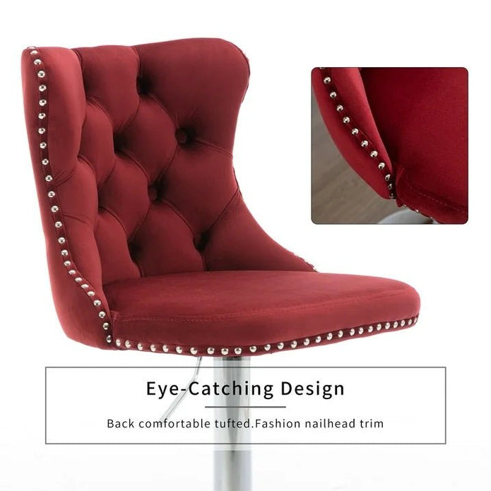 SERENITà Red Velvet Bar Stools Adjustable Swivel Counter Height Chairs with Tufted Back and Nailhead Trim for Kitchen Island Pub Restaurant (2Pcs, Chrome Metal)