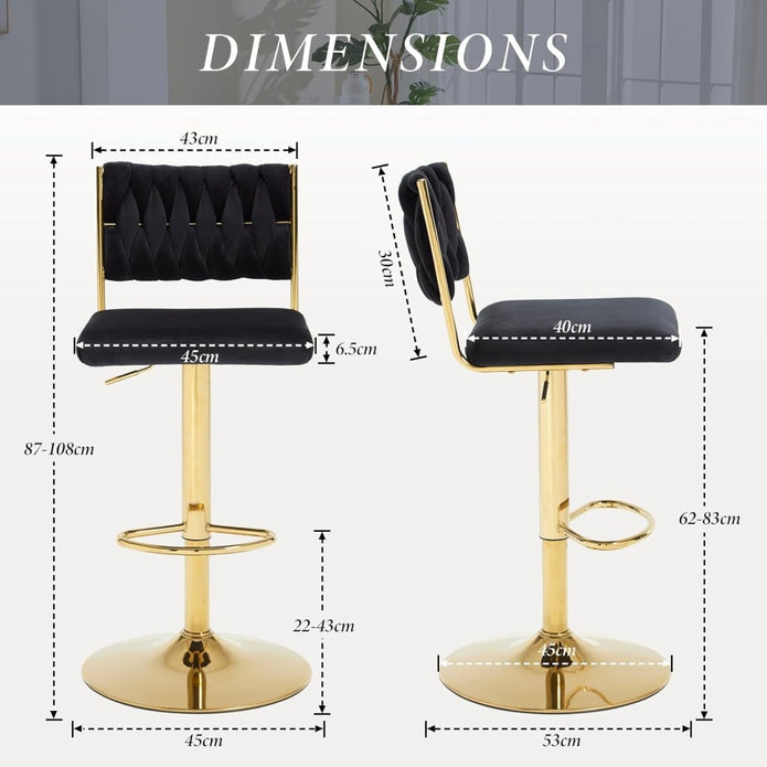 SERENITà  2x Velvet Bar Stools with Braided Back Elegant Kitchen High Chairs, Kitchen Island Stools Adjustable Height Swivel Bar Chairs with Gold Legs for Home-Black