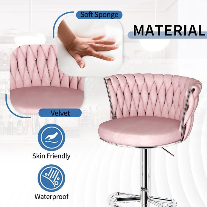 SERENITà Modern Silver Swivel Upholstered Velvet Adjustable Height Counter Stool with Metal Frame Pink (Set of 2)