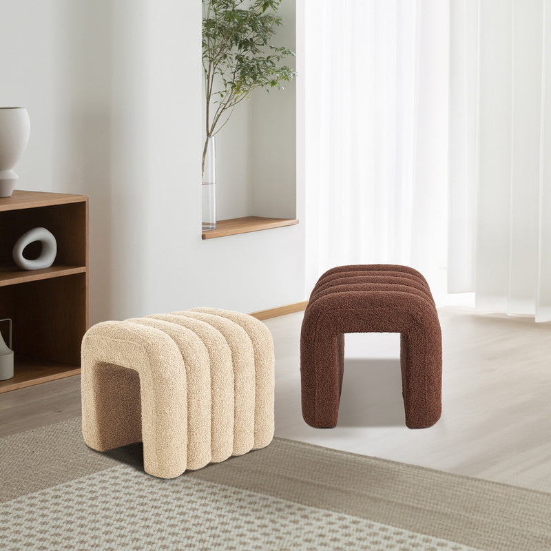 2X Ridge Arch Ottoman Stool Teddy Fleece Fabric Foot Rest 45cm BROWN