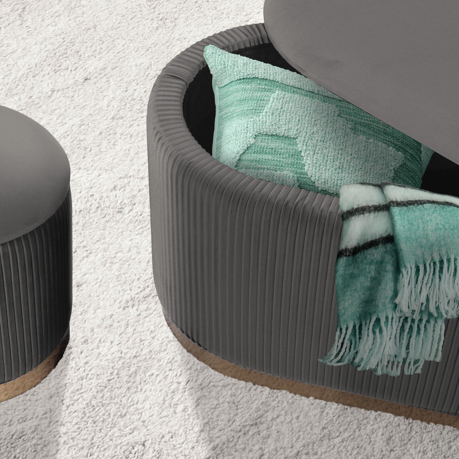 3 Piece Set Storage Ottoman - Blanket Box Velvet Padded Bench Stool FAYE GREY