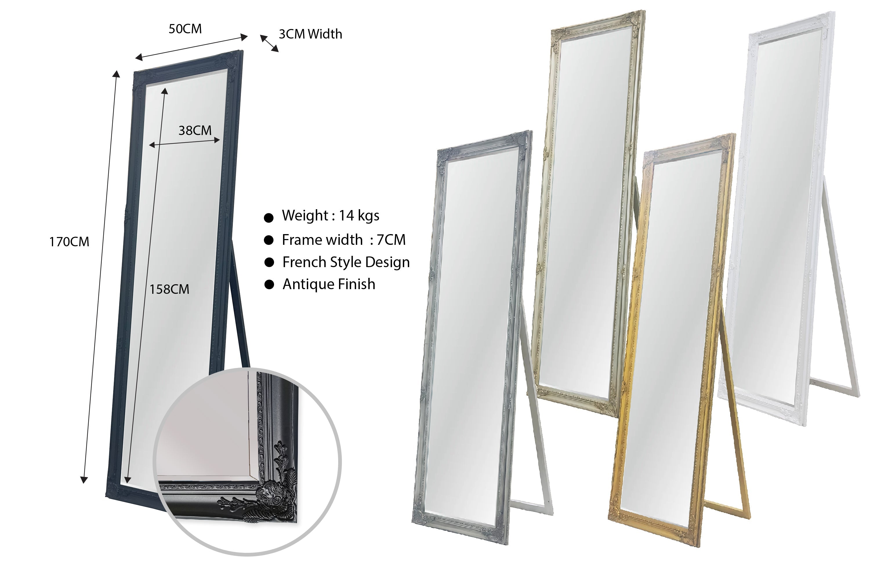 French Provincial Ornate Mirror - Antique Champagne - Free Standing 50cm x 170cm