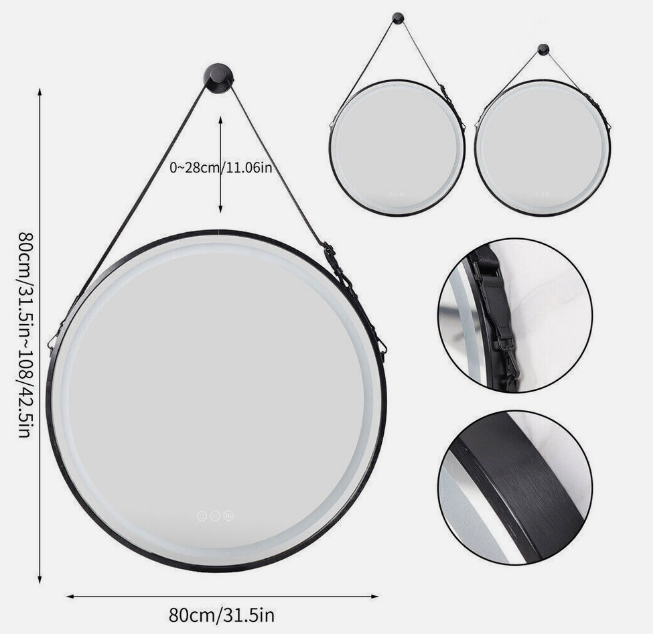 Interior Ave - 80cm Round Black Hanging LED Bathroom Mirror