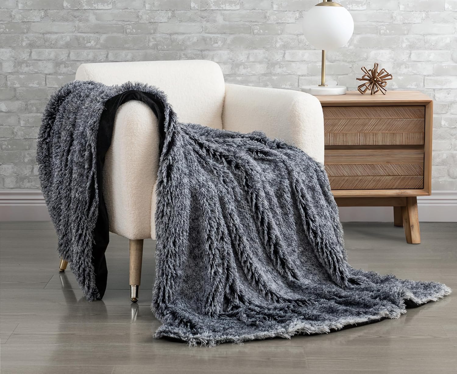 Double Sided Fx Fur Shaggy Throw Blanket - Charcoal
