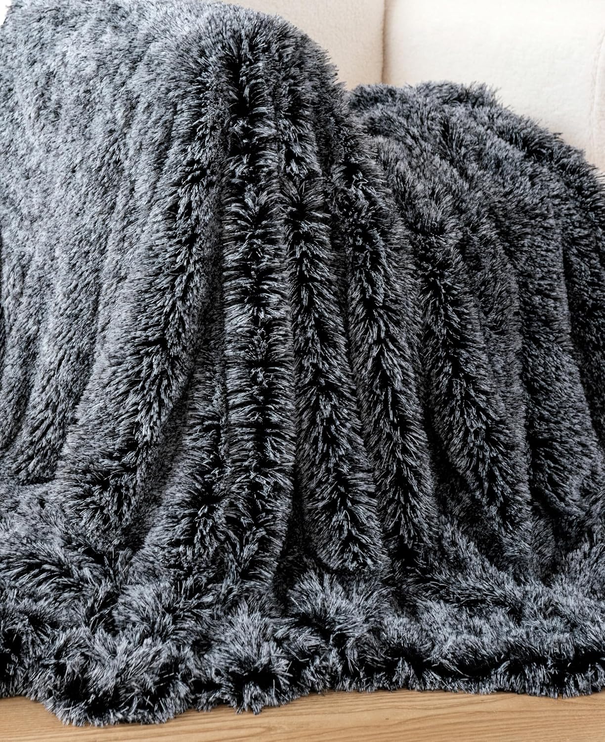 Double Sided Fx Fur Shaggy Throw Blanket - Charcoal