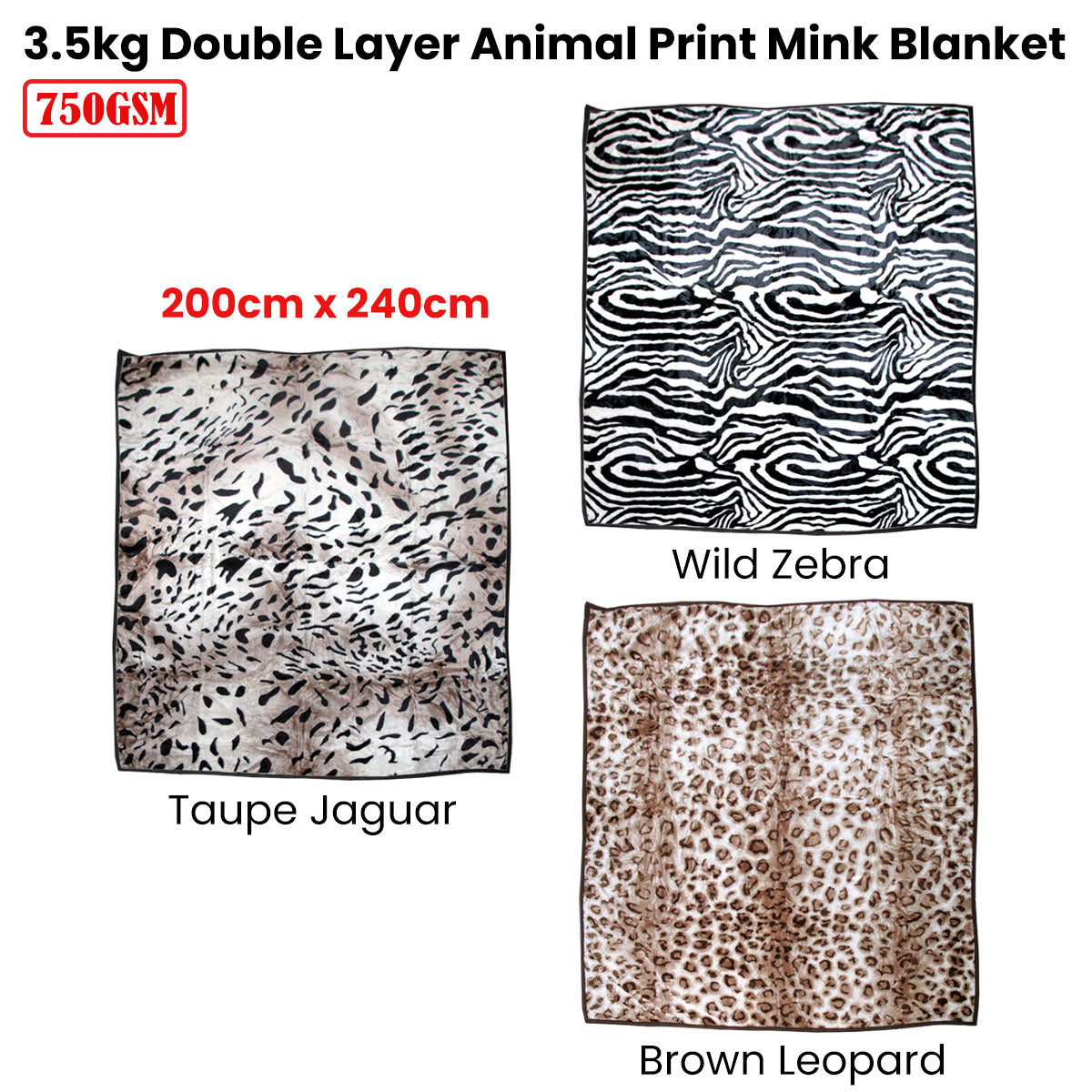 750gsm 3.5kg Double Layer Animal Print Faux Mink Blanket Queen 200x240 cm Brown Leopard