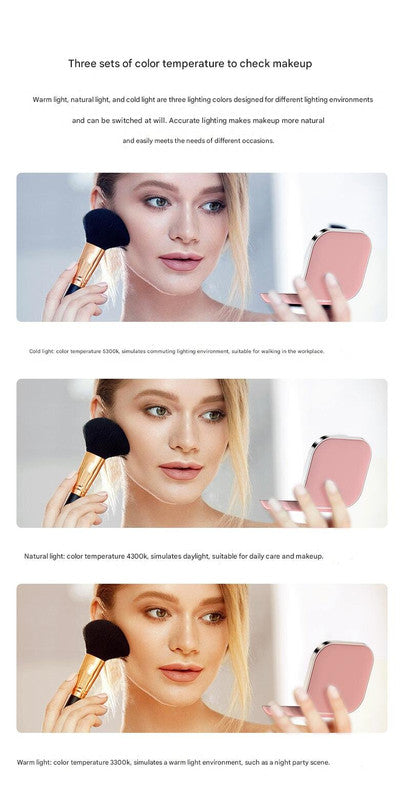 White LED Makeup Mirror with Light - Portable Folding USB Rechargeable Compact Mirror with 3 Color Lighting