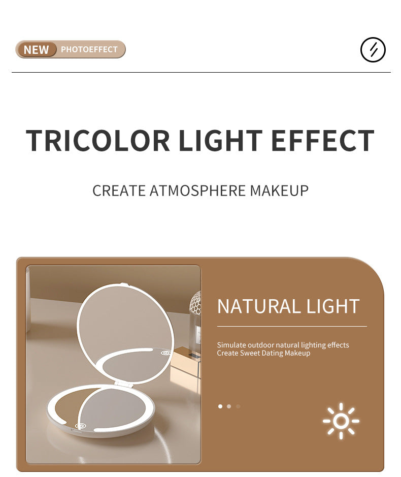 White Portable LED Makeup Mirror with Tricolor Lights - Rechargeable Folding Travel Mirror