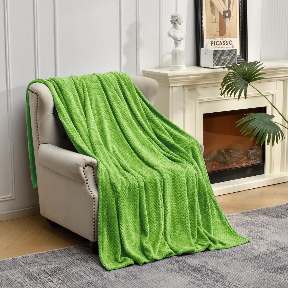 Green Soft Flannel Jacquard Throw Blanket - Cozy Sofa & Bed Cover, Air Conditioning Blanket, 50 x 60 Inches, Elegant Solid Color