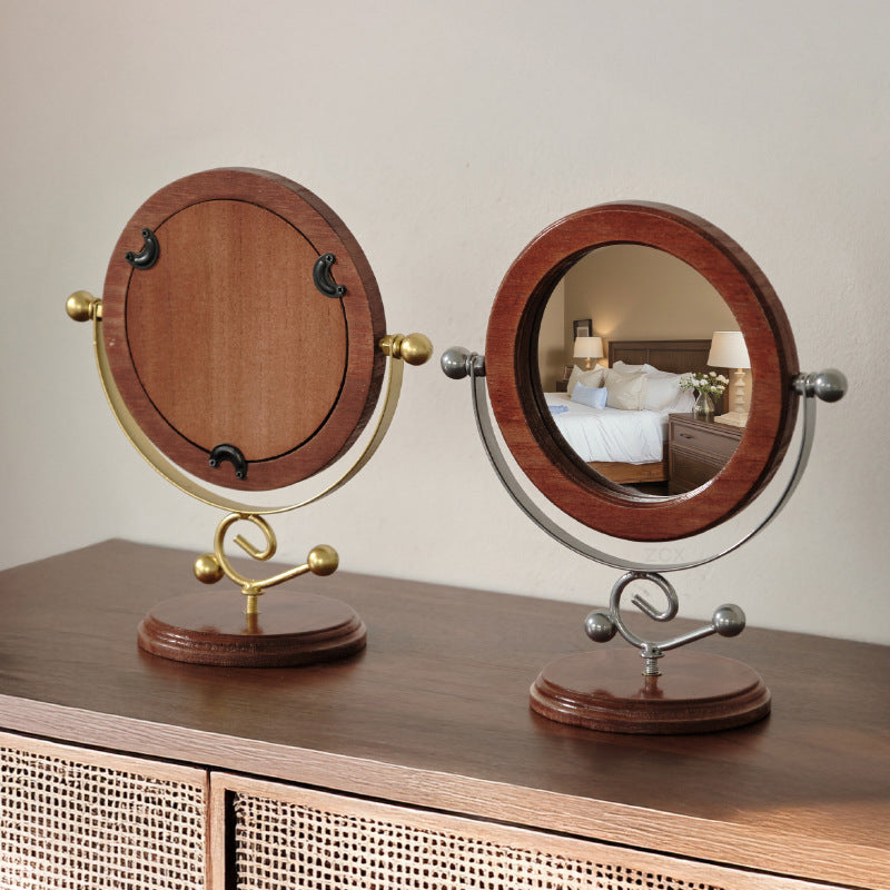 Silver and Brown Vintage Solid Wood Makeup Mirror - 360° Rotation Desktop Vanity Mirror
