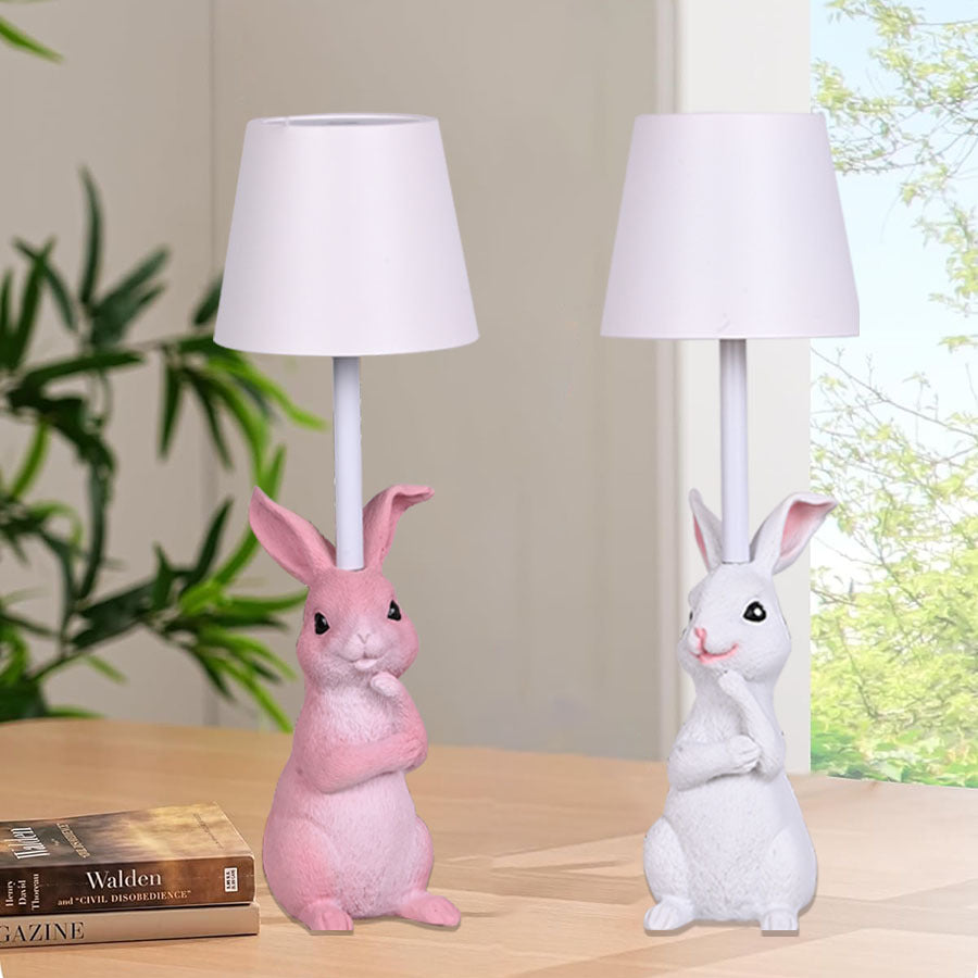 Pink Bunny White Lampshade Adorable Rabbit Resin Table Lamp - 3-Color LED, USB Rechargeable, Touch Dimming