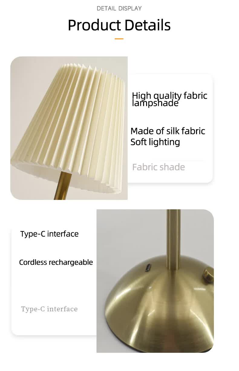 Pink Elegant Pleated Fabric Table Lamp - 3-Color LED, USB Rechargeable, Touch Dimming