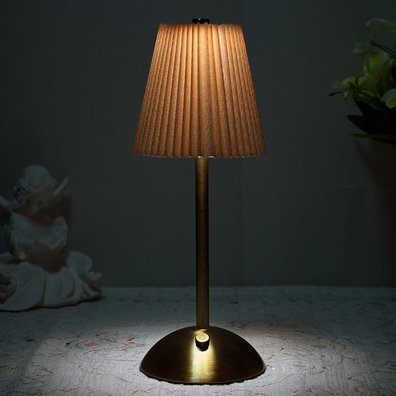 Khaki Elegant Pleated Fabric Table Lamp - 3-Color LED, USB Rechargeable, Touch Dimming