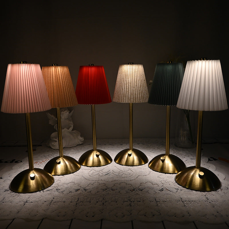 Khaki Elegant Pleated Fabric Table Lamp - 3-Color LED, USB Rechargeable, Touch Dimming