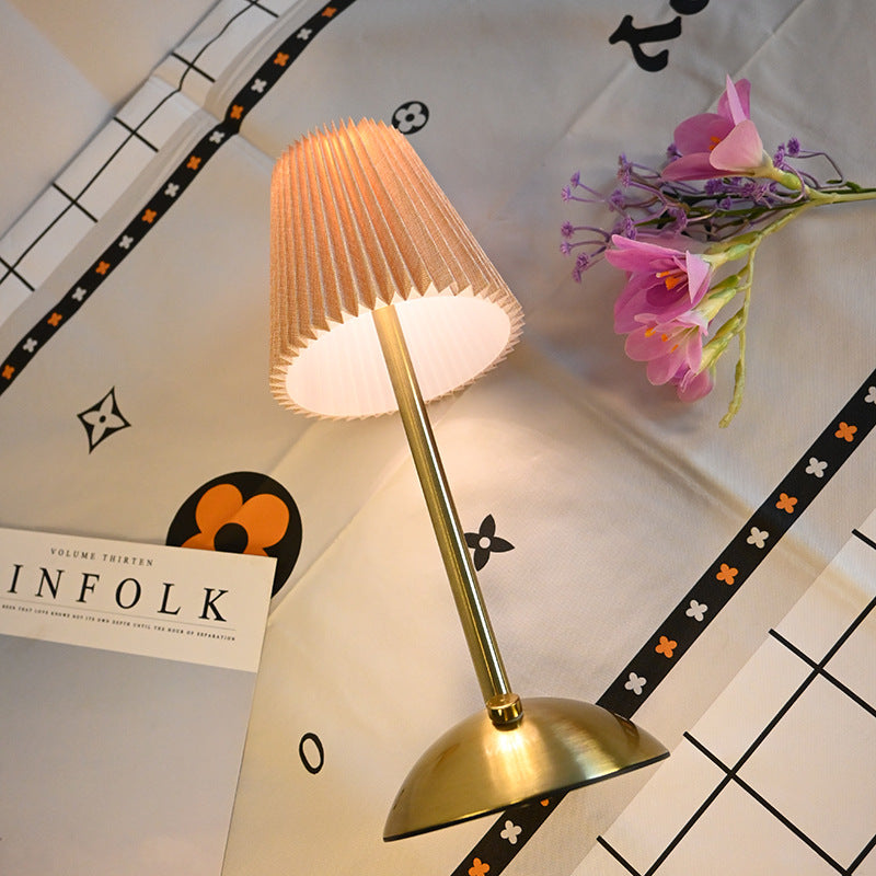 Beige Elegant Pleated Fabric Table Lamp - 3-Color LED, USB Rechargeable, Touch Dimming