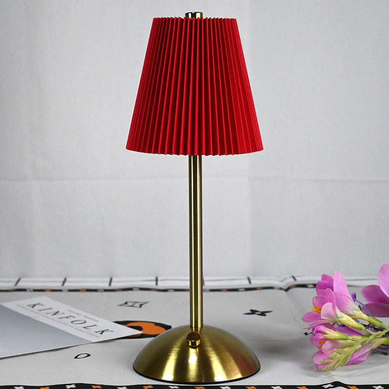 Red Elegant Pleated Fabric Table Lamp - 3-Color LED, USB Rechargeable, Touch Dimming