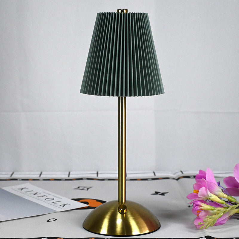 Green Elegant Pleated Fabric Table Lamp - 3-Color LED, USB Rechargeable, Touch Dimming