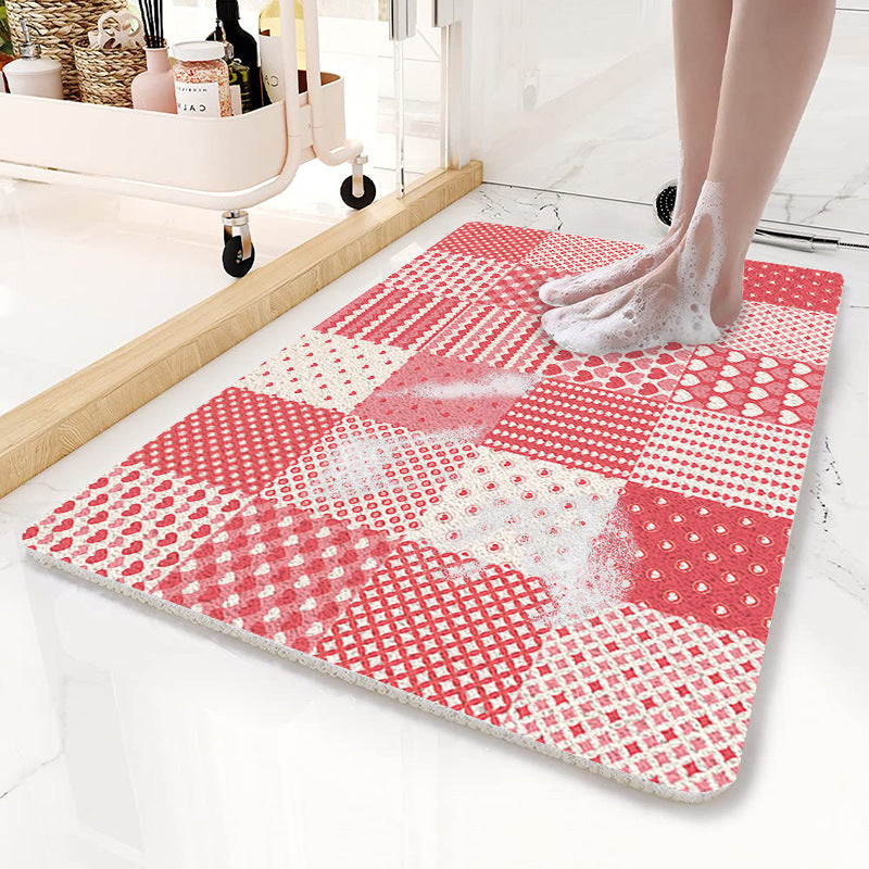 Pink Checkered Pattern  PVC Non-Slip Bath Mat 45x75cm - Shower Drain Hole Design, Soft & Quick-Dry Bathroom Rug