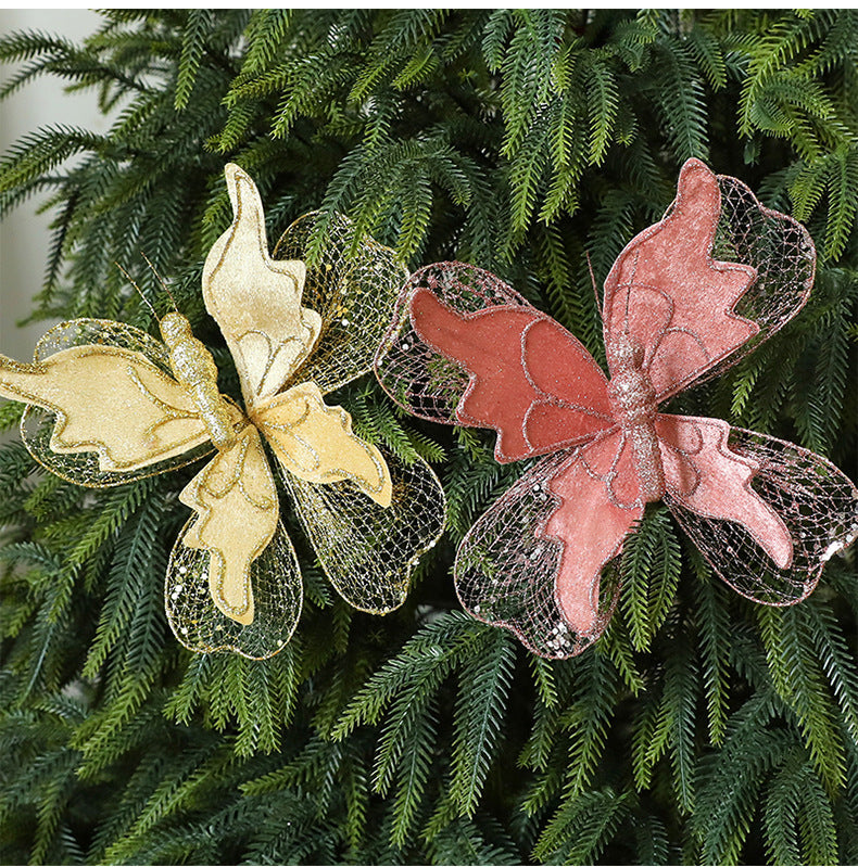 Red Large Glitter Butterfly Christmas Ornaments (Set of 2) - Clip-On Decorations for Trees & Wreaths
