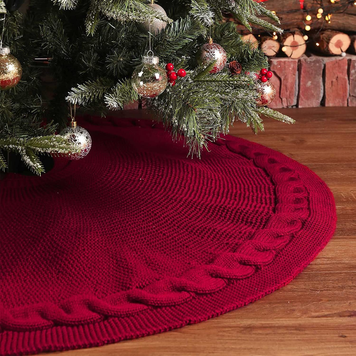 White Luxury Knit Christmas Tree Skirt with Cable-Knit Border - Rustic Holiday Decor(92cm)