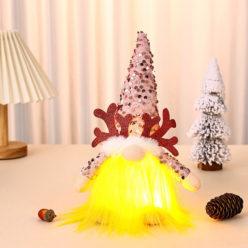 Light-Up Christmas Gnome Plush Doll with Sequin Hat & Antlers - Festive LED Tabletop Decoration(pink)