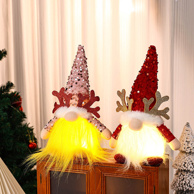 Light-Up Christmas Gnome Plush Doll with Sequin Hat & Antlers - Festive LED Tabletop Decoration(silver)