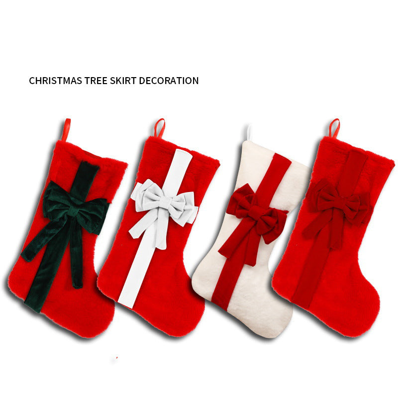 2 Pcs Red Stitching White Bow Luxurious Velvet Christmas Stocking with Elegant Bow - Large 45cm Holiday Mantel Decoration