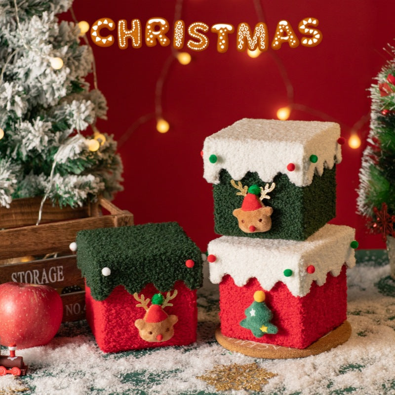 Red and Green Luxe Plush Christmas Gift Box - Decorative Holiday Treat Box with Snowy Trim